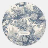  floral chic blauw toile de jouy monogram ronde sticker (Voorkant)