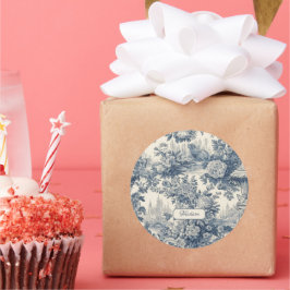  floral chic blauw toile de jouy monogram ronde sticker