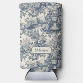  floral chic blauw toile de jouy monogram seltzer blikjeskoeler