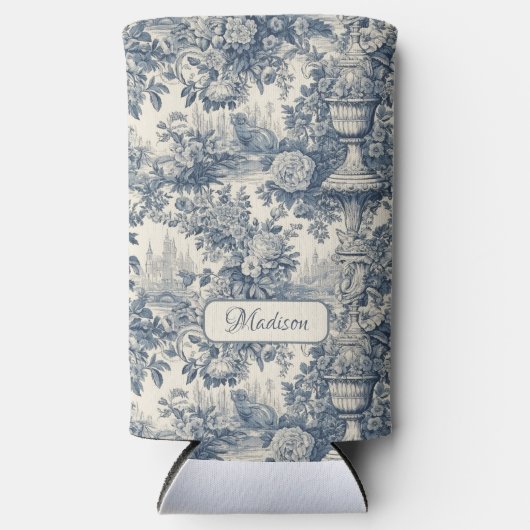  floral chic blauw toile de jouy monogram seltzer blikjeskoeler (Voorkant)