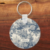  floral chic blauw toile de jouy monogram sleutelhanger (Voorkant)