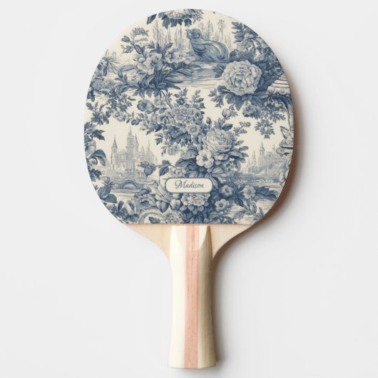  floral chic blauw toile de jouy monogram tafeltennisbatje (Voorkant)