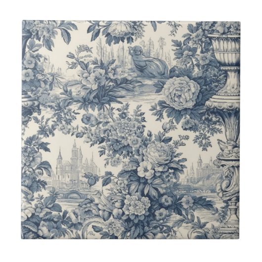  floral chic blauw toile de jouy monogram tegeltje (Voorkant)