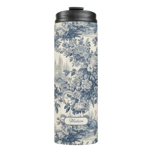  floral chic blauw toile de jouy monogram thermosbeker (Voorkant)