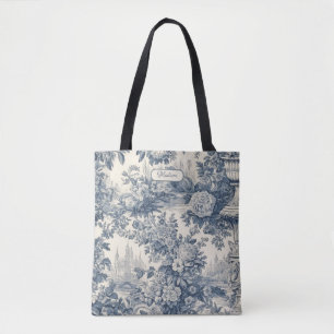  floral chic blauw toile de jouy monogram tote bag