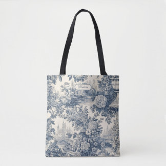  floral chic blauw toile de jouy monogram tote bag