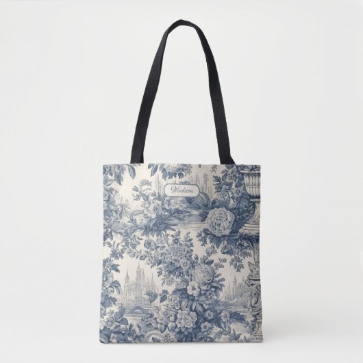  floral chic blauw toile de jouy monogram tote bag (Voorkant)