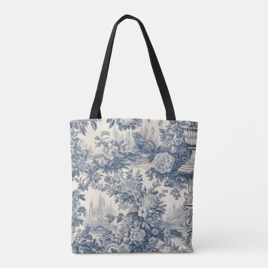  floral chic blauw toile de jouy monogram tote bag (Achterkant)