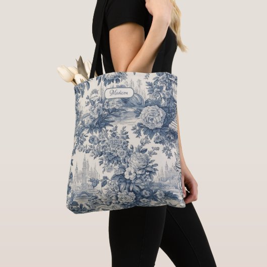  floral chic blauw toile de jouy monogram tote bag (Dichtbij)