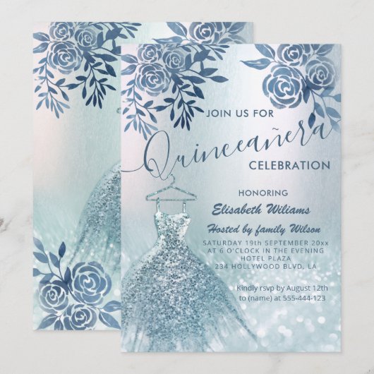 Floral-chic-blauwe jurk glittery ombre kaart (Voorkant / Achterkant)