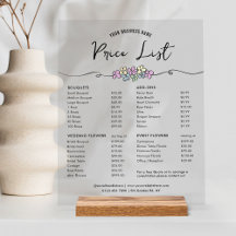 Floral Chic Boutique Business prijslijst Menu