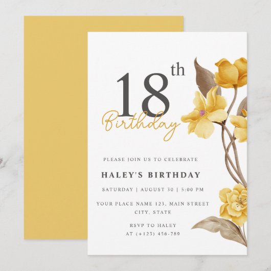 Floral Chic Elegant Eenvoudig Geel 18e Verjaardag Kaart (Voorkant / Achterkant)