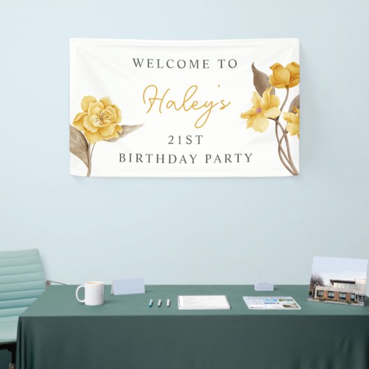 Floral Chic Elegant Eenvoudig Geel 21e Verjaardag Spandoek (Beurs)