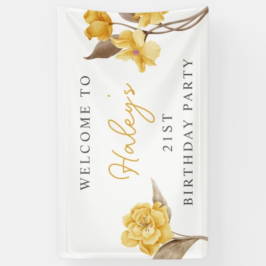 Floral Chic Elegant Eenvoudig Geel 21e Verjaardag Spandoek (Verticaal)