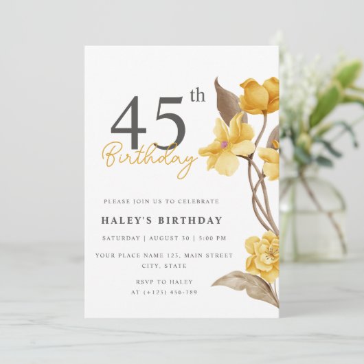 Floral Chic Elegant Eenvoudig Geel 45e Verjaardag Kaart (Staand voorkant)