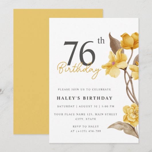 Floral Chic Elegant Eenvoudig Geel 76e Verjaardag Kaart (Voorkant / Achterkant)