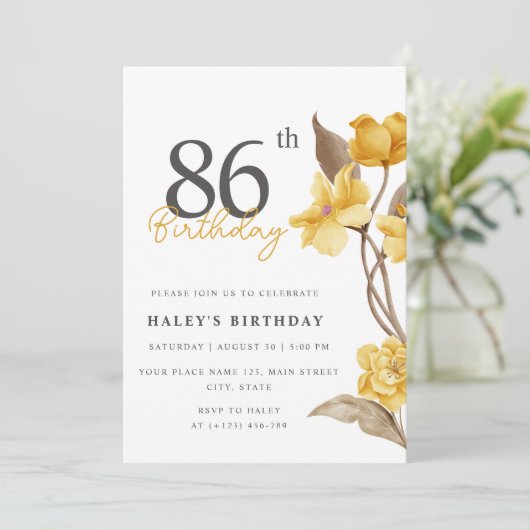 Floral Chic Elegant Eenvoudig Geel 86e Verjaardag Kaart (Staand voorkant)