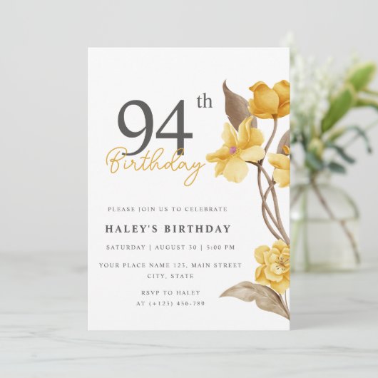Floral Chic Elegant Eenvoudig Geel 94e Verjaardag Kaart (Staand voorkant)