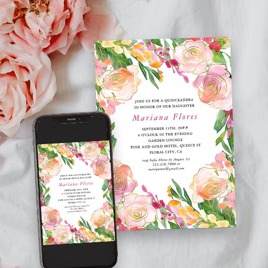 Floral Chic Framed Pink and Gold Quinceanera Kaart