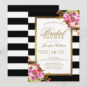 Floral Chic Gold Black White Stripes Vrijgezellenf Kaart