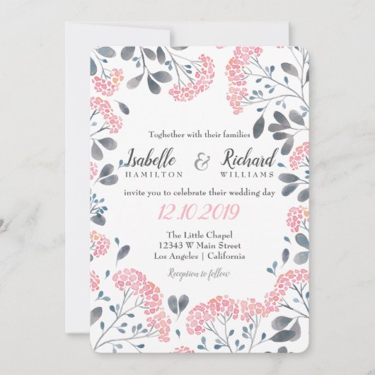Floral chic grijs roze lijst waterverf bruiloft kaart (Voorkant)