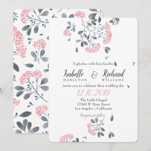 Floral chic grijs roze paardenbloem waterverf brui kaart (Voorkant / Achterkant)