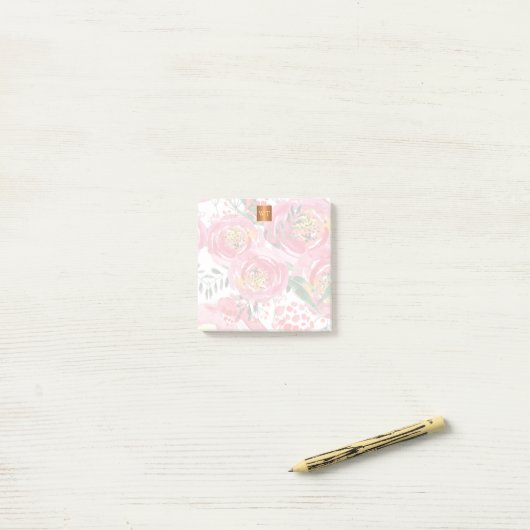 Floral chic metallic goud koper monogrammed post-it® notes (Op bureau)