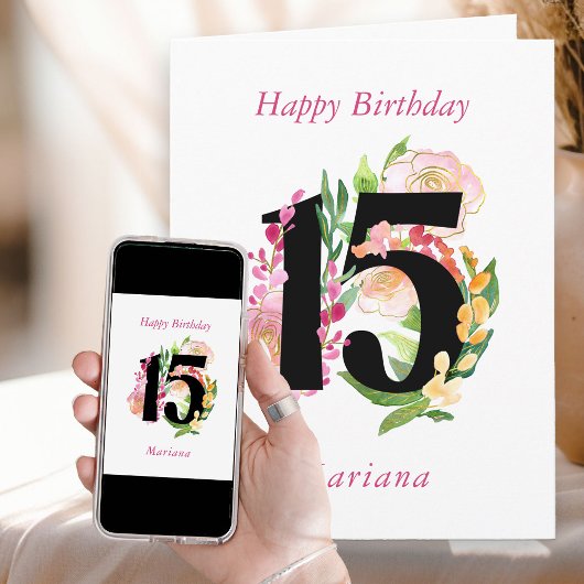 Floral Chic Number 15 Personalized 15th Birthday Kaart