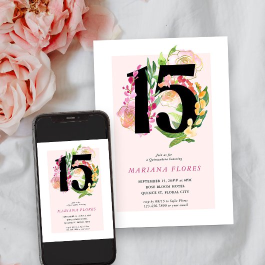 Floral Chic Number 15 roze en Gold Quinceanera Kaart