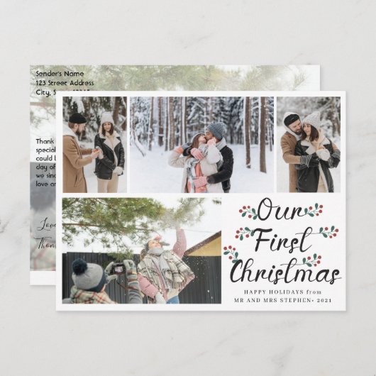 Floral Chic Ons eerste Kerstfeest 4 Foto Collage Briefkaart (Voorkant / Achterkant)