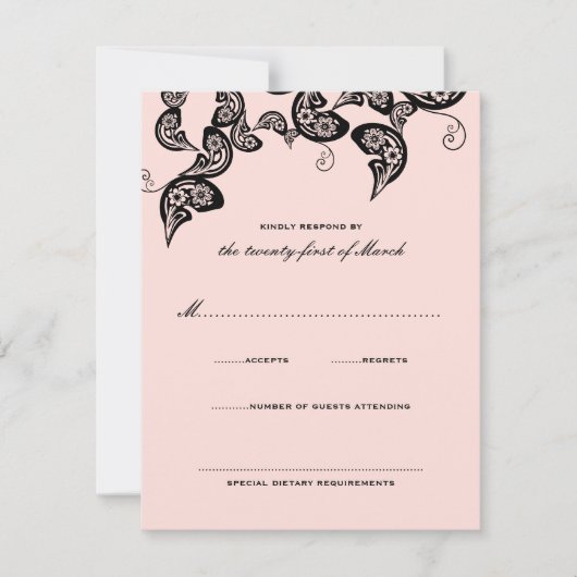 Floral Chic Peacock Black Pink Wedding RSVP Kaart (Voorkant)