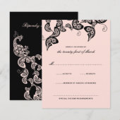 Floral Chic Peacock Black Pink Wedding RSVP Kaart (Voorkant / Achterkant)