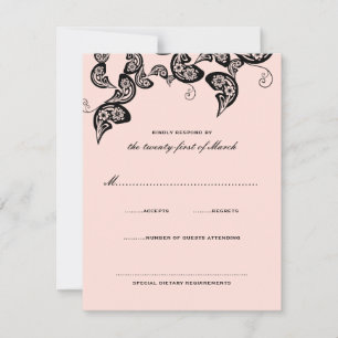 Floral Chic Peacock Black Pink Wedding RSVP Kaart