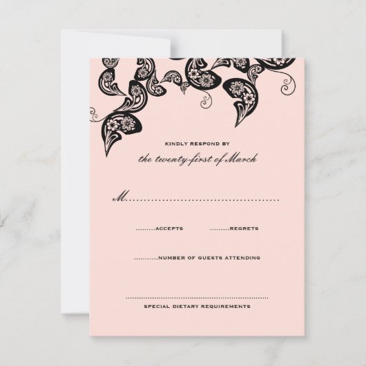 Floral Chic Peacock Black Pink Wedding RSVP Kaart (Voorkant)