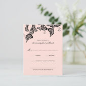 Floral Chic Peacock Black Pink Wedding RSVP Kaart (Staand voorkant)
