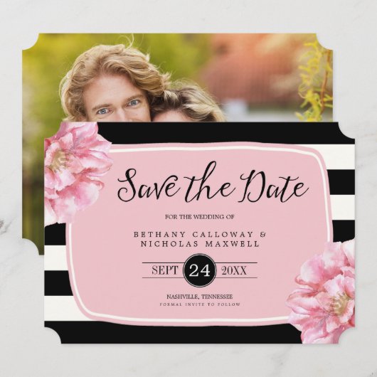 Floral Chic Photo Save the Date Card / Roze (Voorkant / Achterkant)
