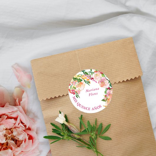 Floral Chic Pink en Gold Editable Mis Quince Anos Ronde Sticker
