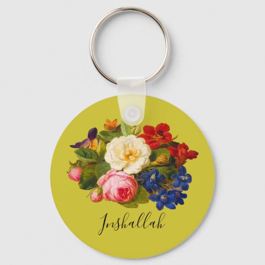 Floral Chic Pink White Rose Red Inshallah Green Sleutelhanger (Voorkant)