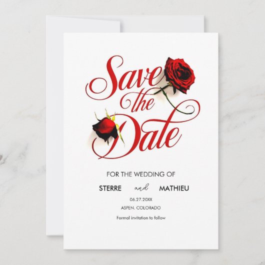 Floral Chic Red Rose Wedding Save The Date (Voorkant)