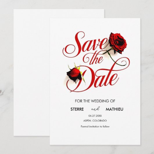 Floral Chic Red Rose Wedding Save The Date (Voorkant / Achterkant)