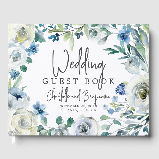Floral Chic Wedding Blue Ivory Spring Waterverf Gastenboek (Voorkant)