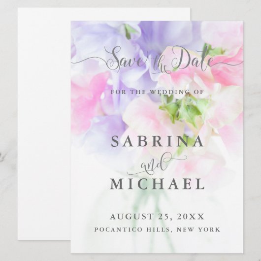 FLORAL CHIC WEDDING SWEET PEAS SAVE THE DATE (Voorkant / Achterkant)