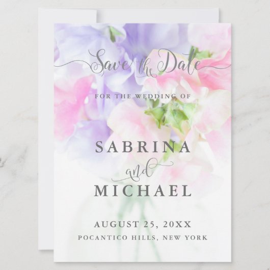 FLORAL CHIC WEDDING SWEET PEAS SAVE THE DATE (Voorkant)