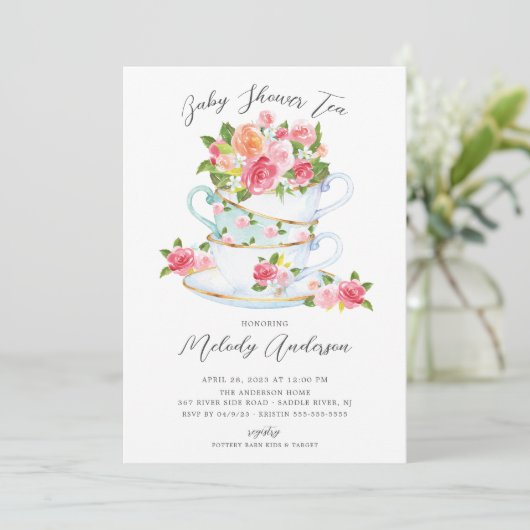 Floral China Tea Cup Baby shower Kaart (Staand voorkant)