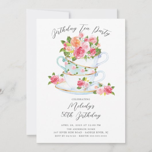 Floral China Tea Cup Birthday Tea Party Invitation Kaart (Voorkant)