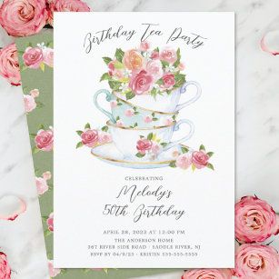Floral China Tea Cup Birthday Tea Party Invitation Kaart