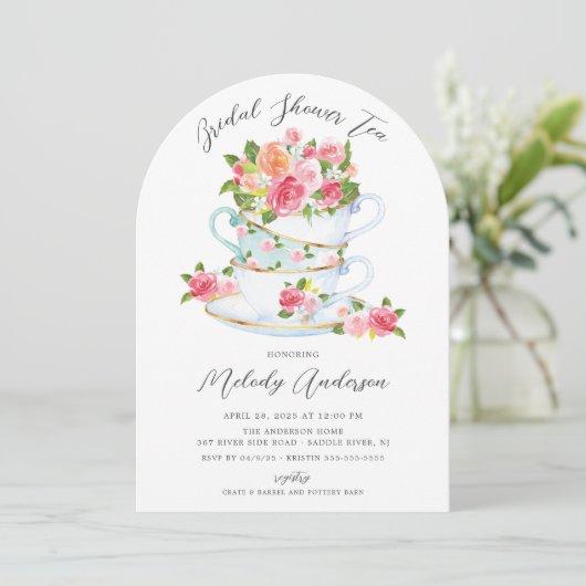 Floral China Tea Cup Bridal Shower Kaart (Staand voorkant)