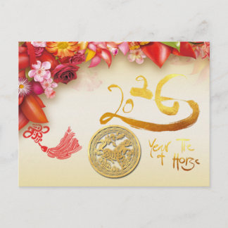 Floral Chinese gold Paper-cut Horse 2026 HpostC Feestdagenkaart