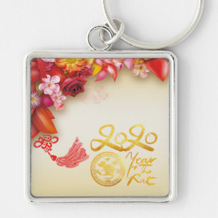 Floral-Chinese goudpapier Rat 2020 Sq MK Sleutelhanger