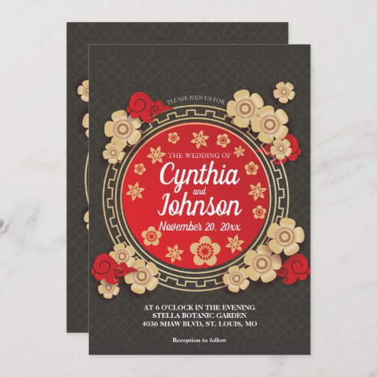 Floral Chinese Wedding Kaart (Voorkant / Achterkant)